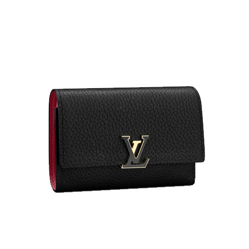 M62157 Louis Vuitton Capucines Compact Wallet Black Rose Red Cowhide-leather lining